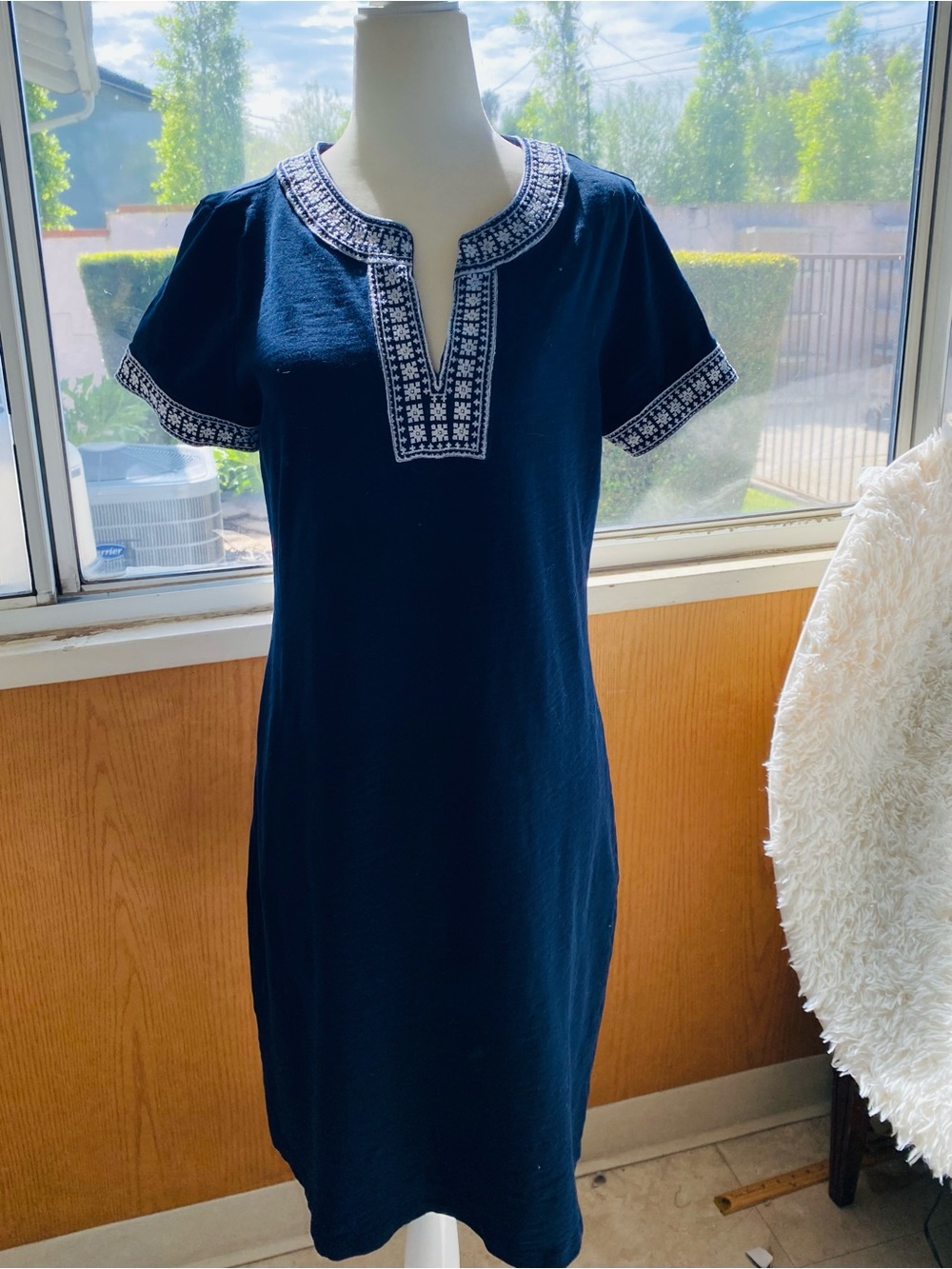 Talbots Navy Embroidered Trim Cotton Dress Size M